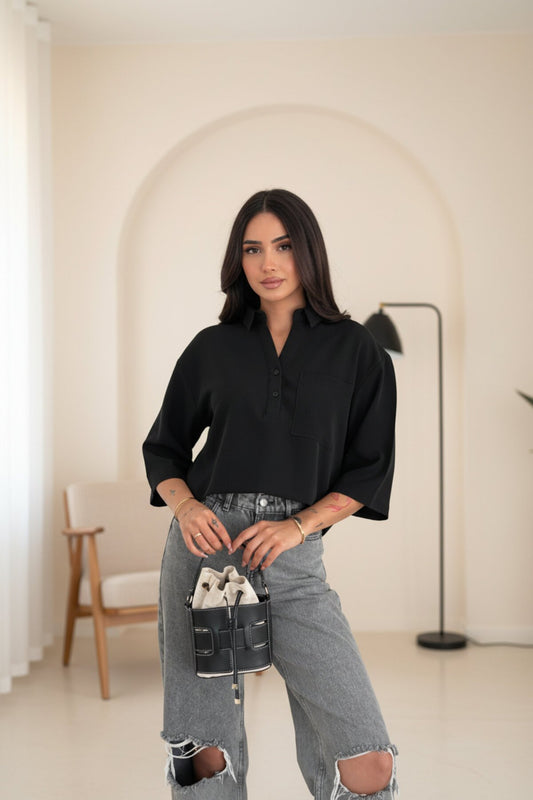 Cropped Crepe Short Sleeve Collared Shirt - Black