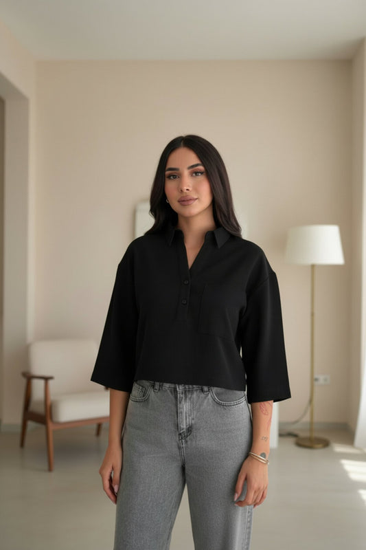 Cropped Crepe Short Sleeve Collared Shirt - Black