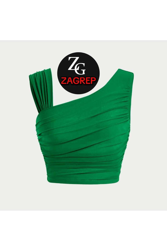 Cropped Draped Ruched-Sleeve Shoulder-Detail Bustier - Benetton Green