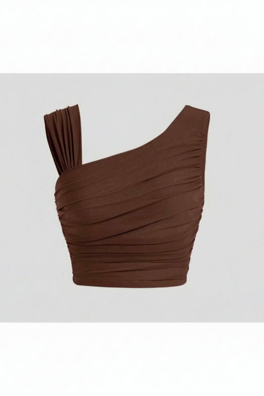 Cropped Draped Silk Jersey Gathered Sleeved Bustier - Brown