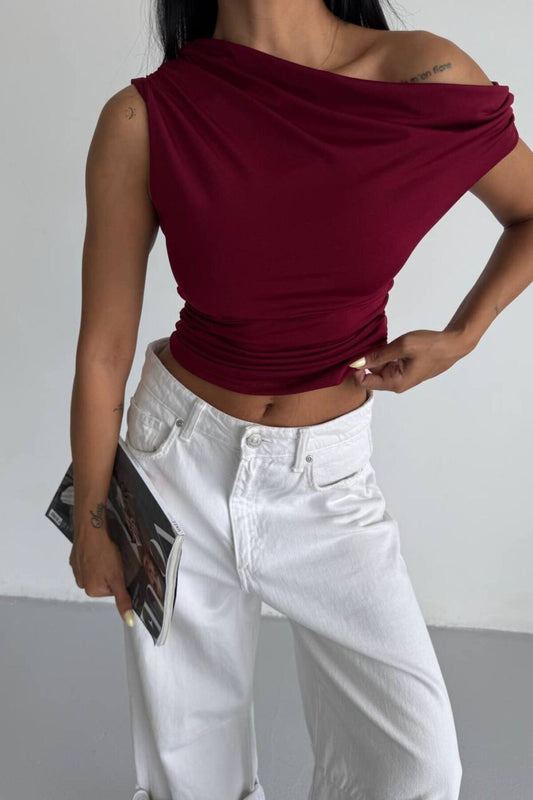 Cropped Drop Shoulder Blouse - Burgundy