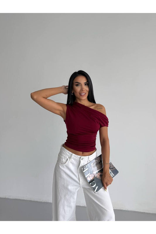 Cropped Drop Shoulder Blouse - Burgundy