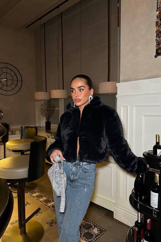 Cropped Fur Jacket - Black