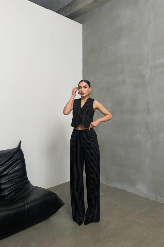 Cropped Striped Vest and Palazzo Pants Set - Black