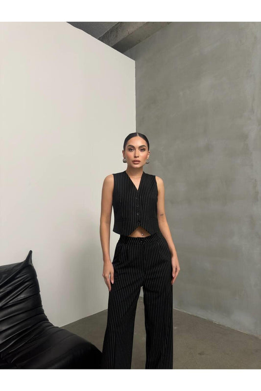 Cropped Striped Vest and Palazzo Pants Set - Black