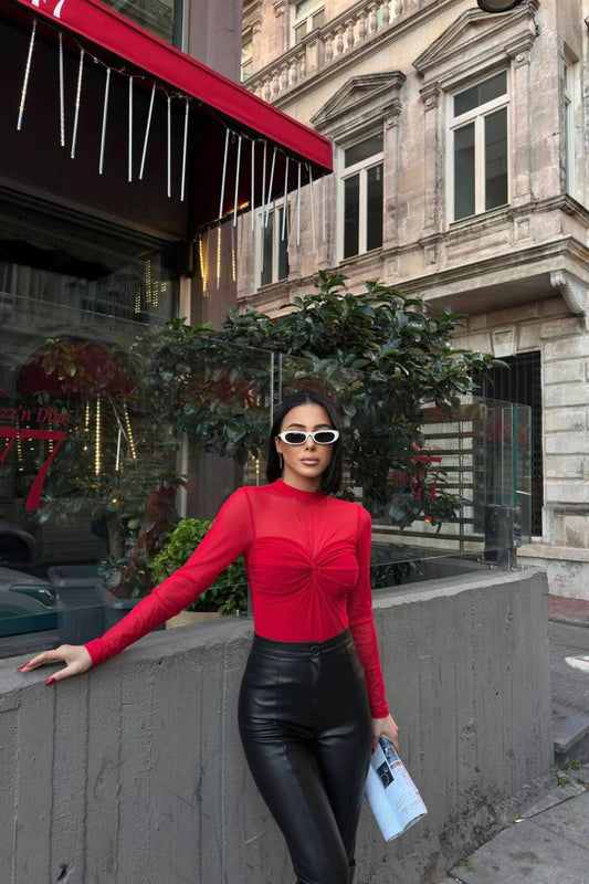 Cropped Tulle Twisted-Front Blouse - Red