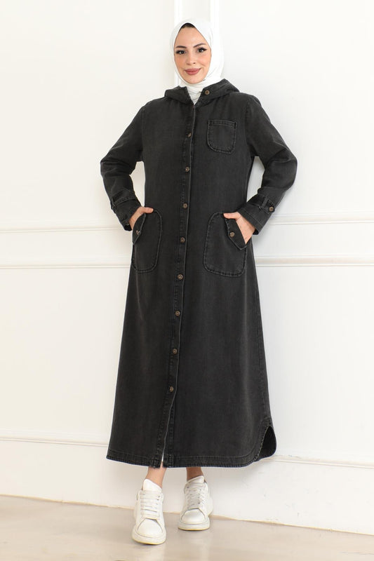 Denim Hooded Coat - Charcoal