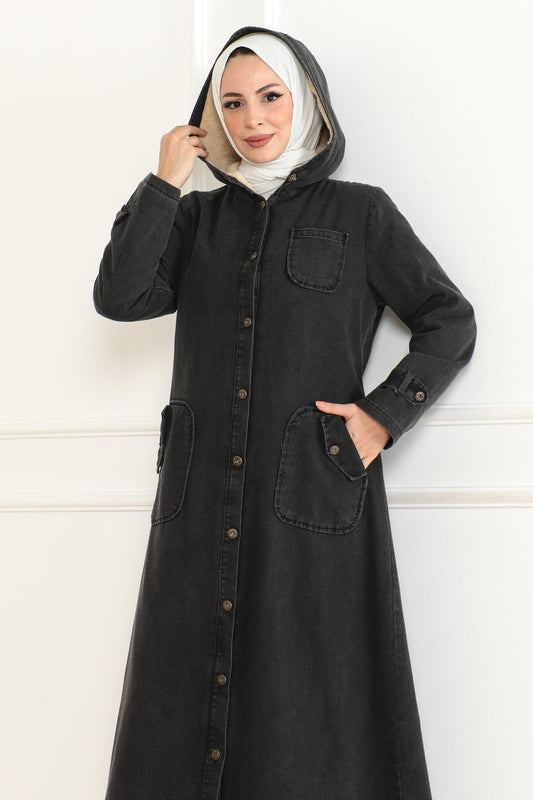 Denim Hooded Coat - Charcoal