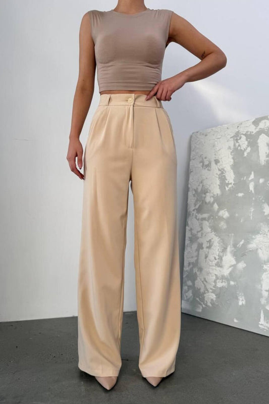 Double Cloth Palazzo Pants with Elasticated Back - Beige