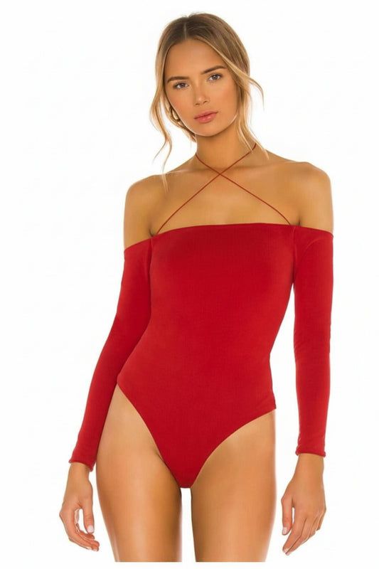 Double-Layered Opaque Criss-Cross Strap Halter Bodysuit - Red