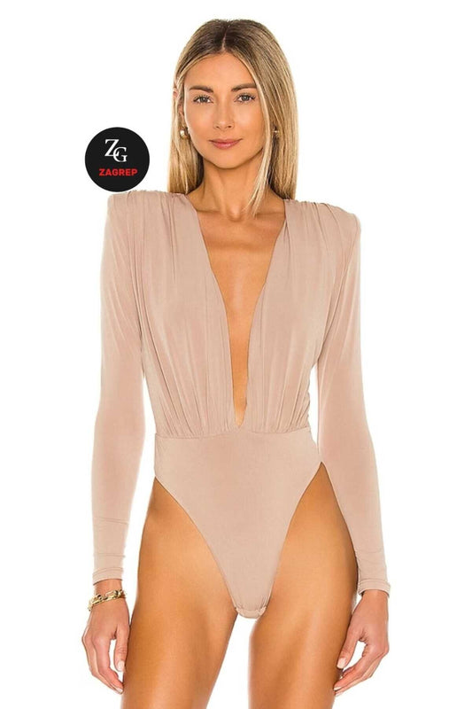 Double Layered Ruched Shoulder Padded Bodysuit - Beige
