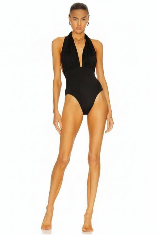 Double Layered Silk Jersey Halter Neck Bodysuit - Black