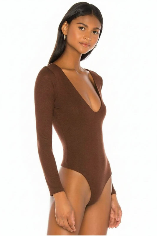 Double Layered Silk Jersey V-Neck Bodysuit - Coffee