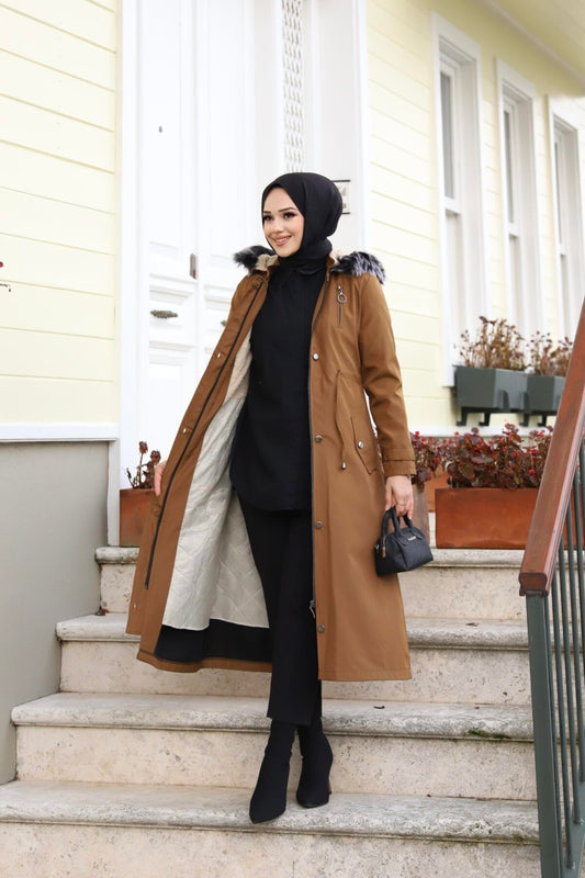 Double Zipper Detail Coat - Camel