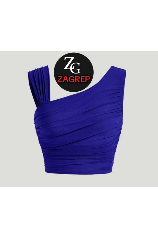 Draped Crop Top Silk Jersey Bustier, Ruched Sleeves, Shoulder Detail - Royal Blue