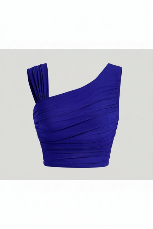 Draped Crop Top Silk Jersey Bustier, Ruched Sleeves, Shoulder Detail - Royal Blue