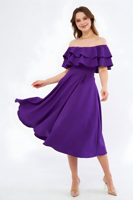 Draped Midi Drop-Shoulder Ruffle-Collar Evening Dress - Purple