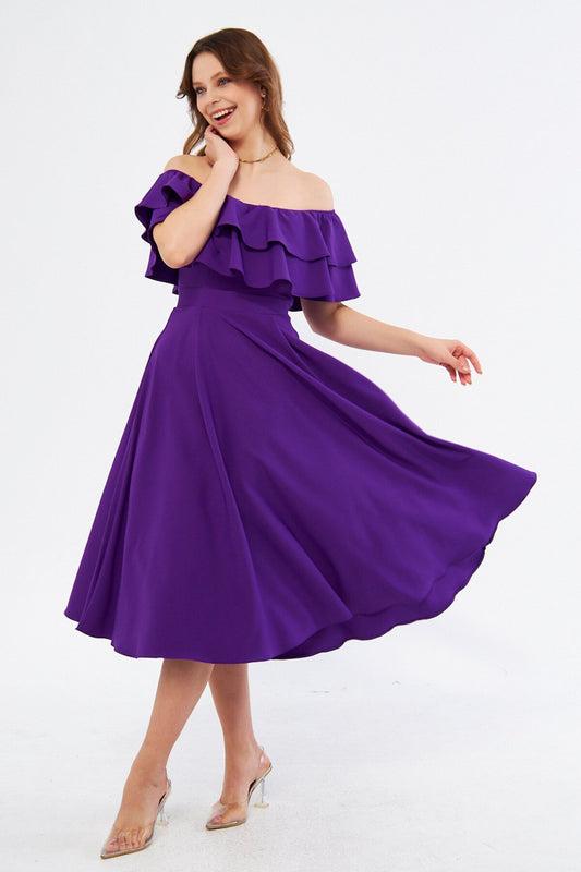 Draped Midi Drop-Shoulder Ruffle-Collar Evening Dress - Purple