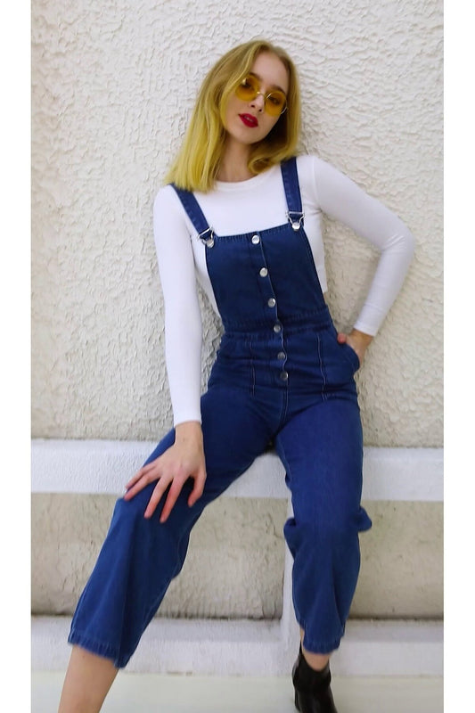 Enzyme Wash Denim Dungaree Front-Button Jumpsuit - Navy Blue