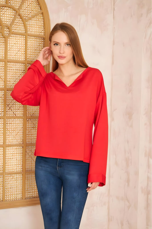Extra Long Loose Cuffed Sleeve Slit Sweatshirt - Red