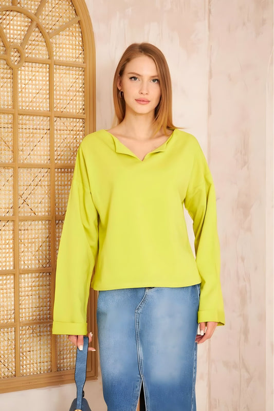 Extra Long Loose Slit Neck Cuffed Sleeve Sweatshirt - Oil Green