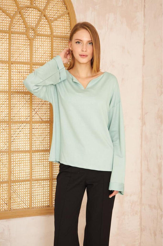 Extra Long Loose Split Neck Cuffed Sleeve Sweatshirt - Mint
