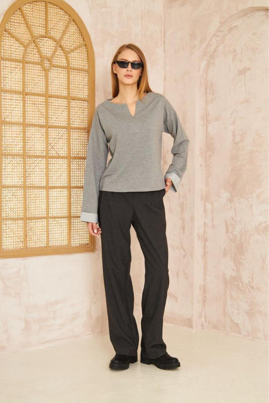 Extra Long Slouchy Cuffed Sweatshirt with Slit Neck - Grey