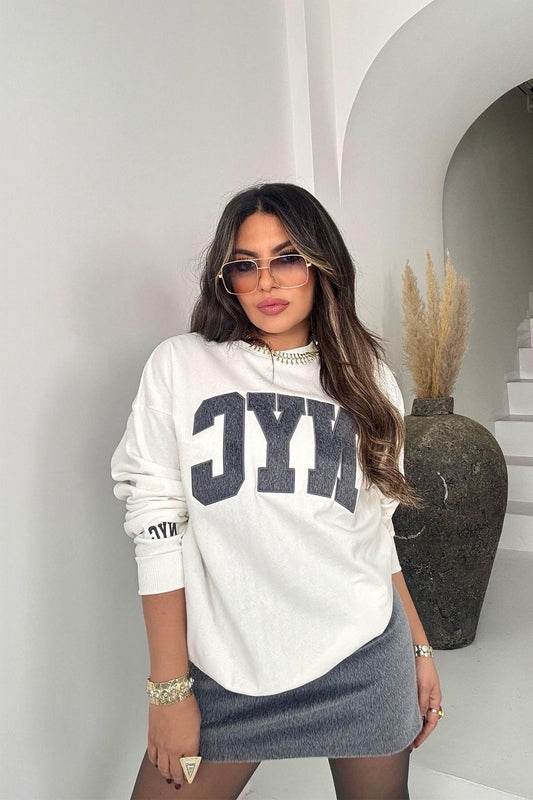 Faux Fur Sweat Skirt Two-Piece Set - Ecru/Smoked Gray