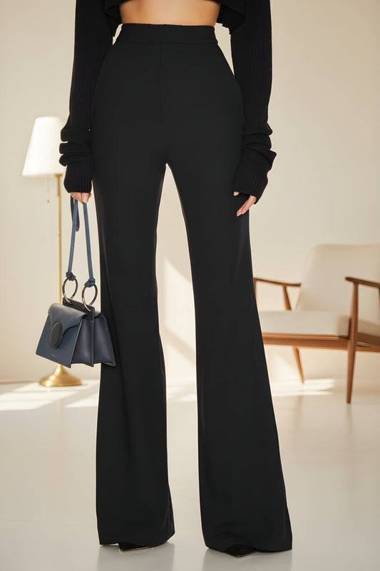 Flared Leg Imported Crepe Pants - Black