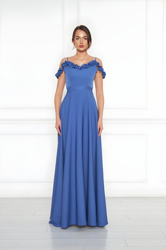 Flared Ruffle Detail Adjustable Strap Evening Dress - Blue