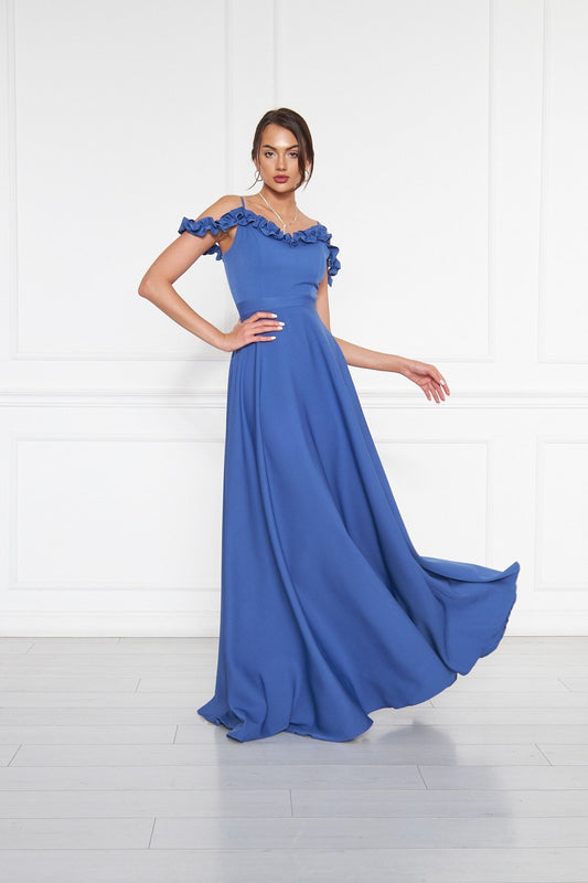 Flared Ruffle Detail Adjustable Strap Evening Dress - Blue