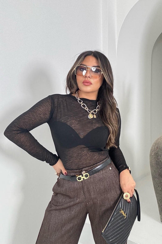 Flecked Semi-Sheer Tulle Blouse - Black