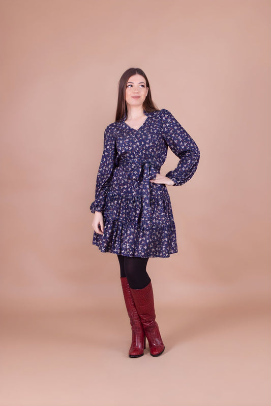 Floral Velvet Mini Collar Detail Dress - Navy Blue