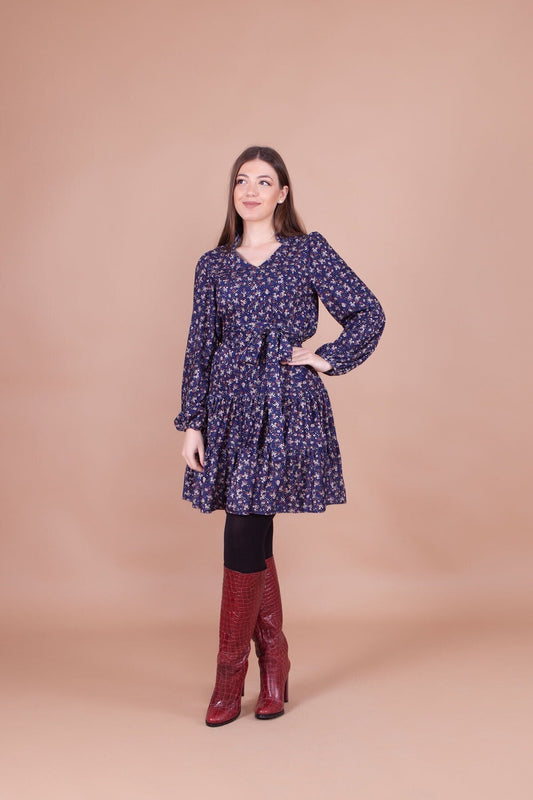 Floral Velvet Mini Collar Detail Dress - Navy Blue