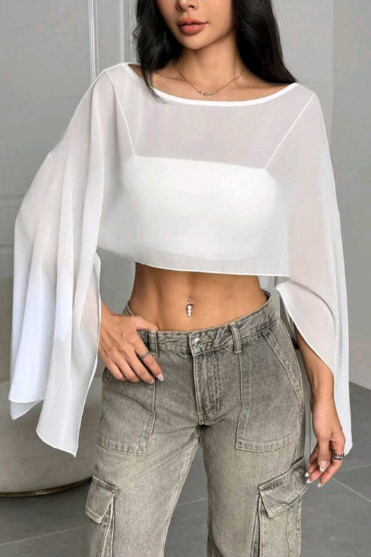 Flowy Cropped Tulle Batwing Sleeve Blouse - White