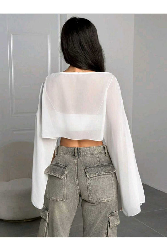 Flowy Cropped Tulle Batwing Sleeve Blouse - White