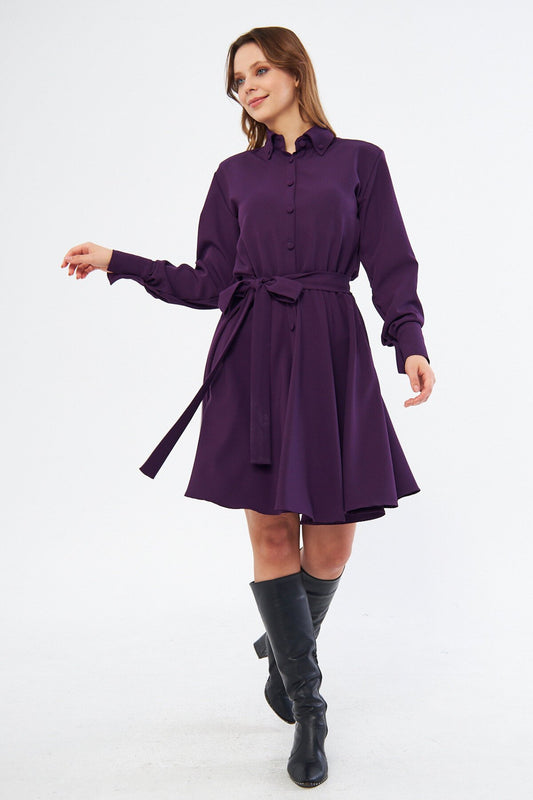 Flowy Mini Long Sleeve Woven Shirt Dress, Belted - Plum