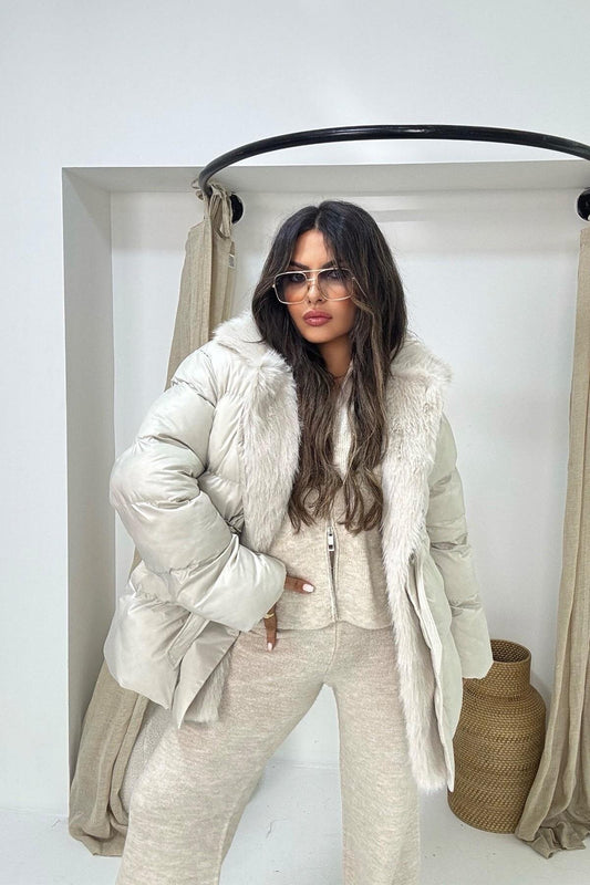 Furred Puffer Coat - Stone