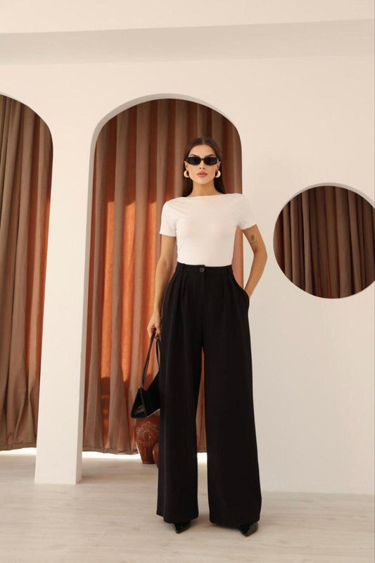 High Waist Pleated Palazzo Pants - Black