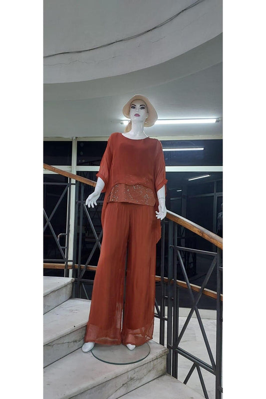 Italian Batwing Sequined Two-Piece Set - Cinnamon