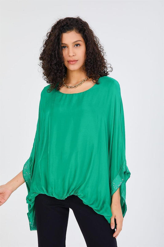 Italian Batwing Silk Lined Sequin Detailed Blouse - Green