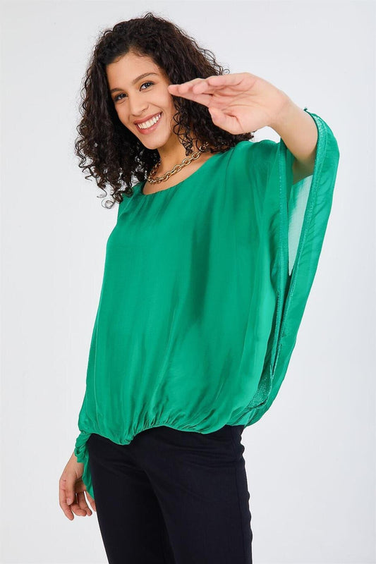 Italian Batwing Silk Lined Sequin Detailed Blouse - Green