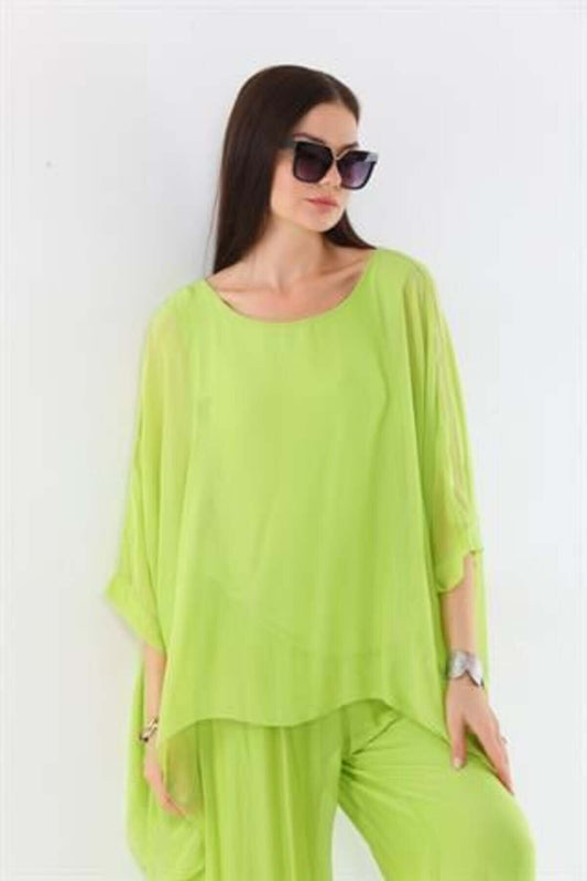 Italian Batwing Sleeve Silk Blouse - Pistachio Green