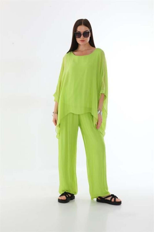 Italian Batwing Sleeve Silk Blouse - Pistachio Green