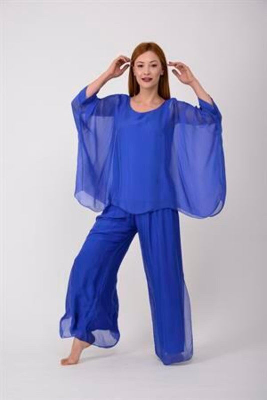 Italian Batwing Sleeve Silk Blouse - Royal Blue