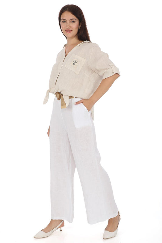 Italian Linen Belted Pants - White