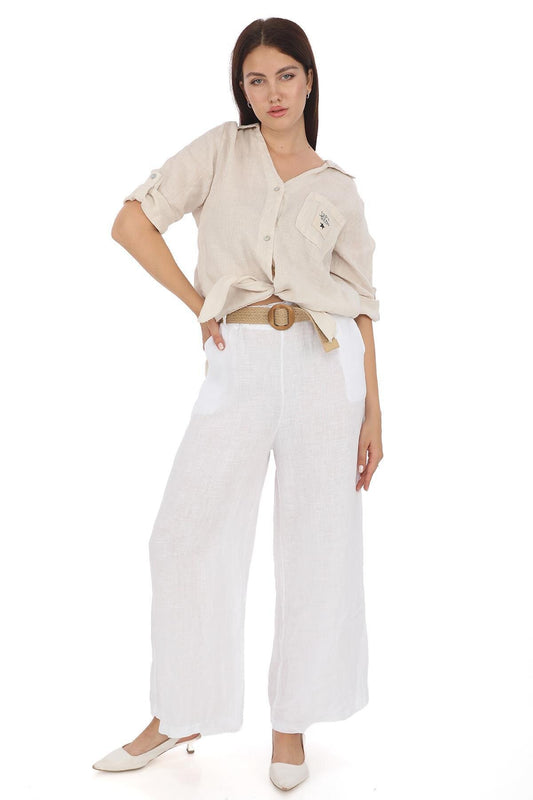 Italian Linen Belted Pants - White