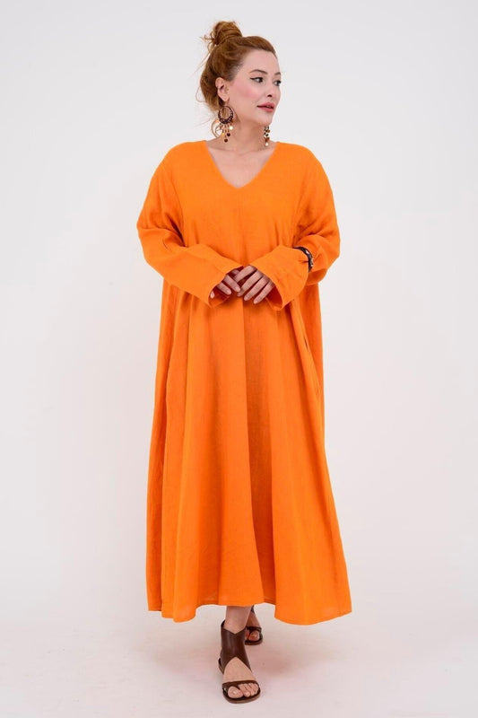 Italian Linen Long-Sleeve V-Neck Dress - Orange