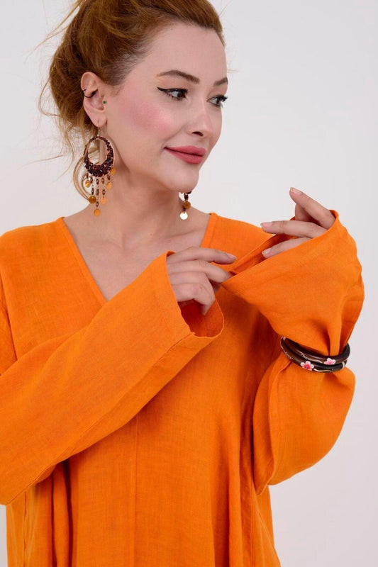 Italian Linen Long-Sleeve V-Neck Dress - Orange