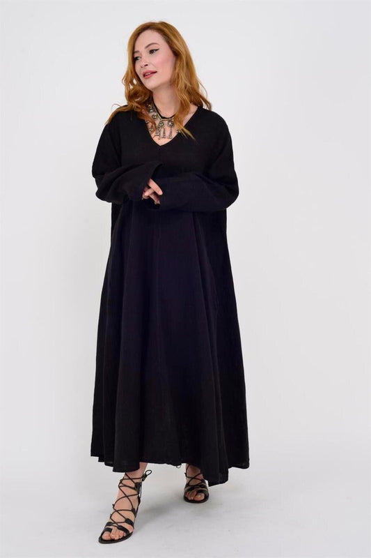 Italian Linen V-Neck Long Sleeve Dress - Black